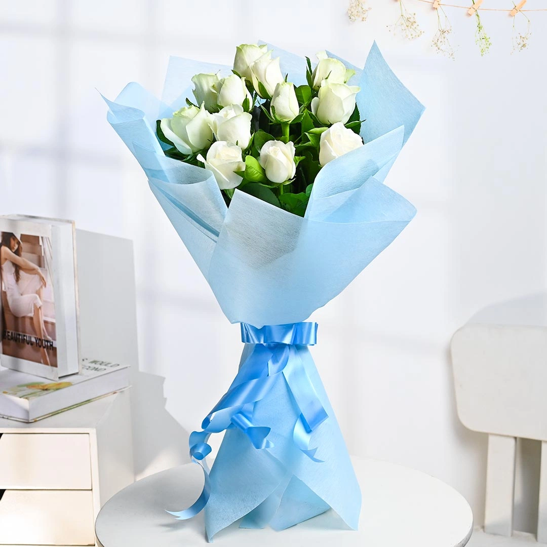 Blossom White Flowers  Roses In Blue Wrapper 