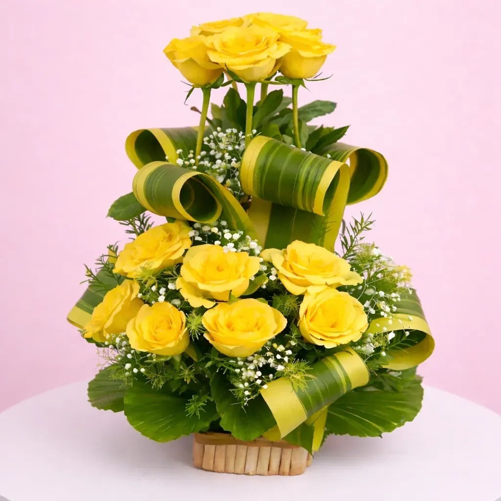 Fresh Yellow Rose with a Basket Bouquet 