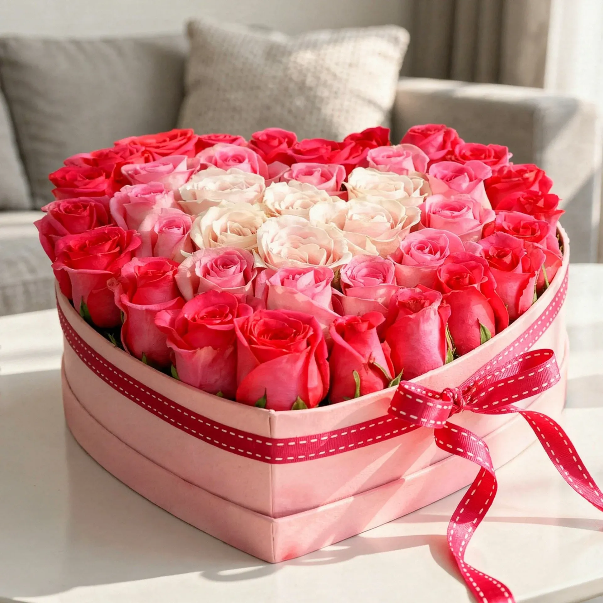 Red, Pink & White Roses in a Heart Shape Box Bouquet 