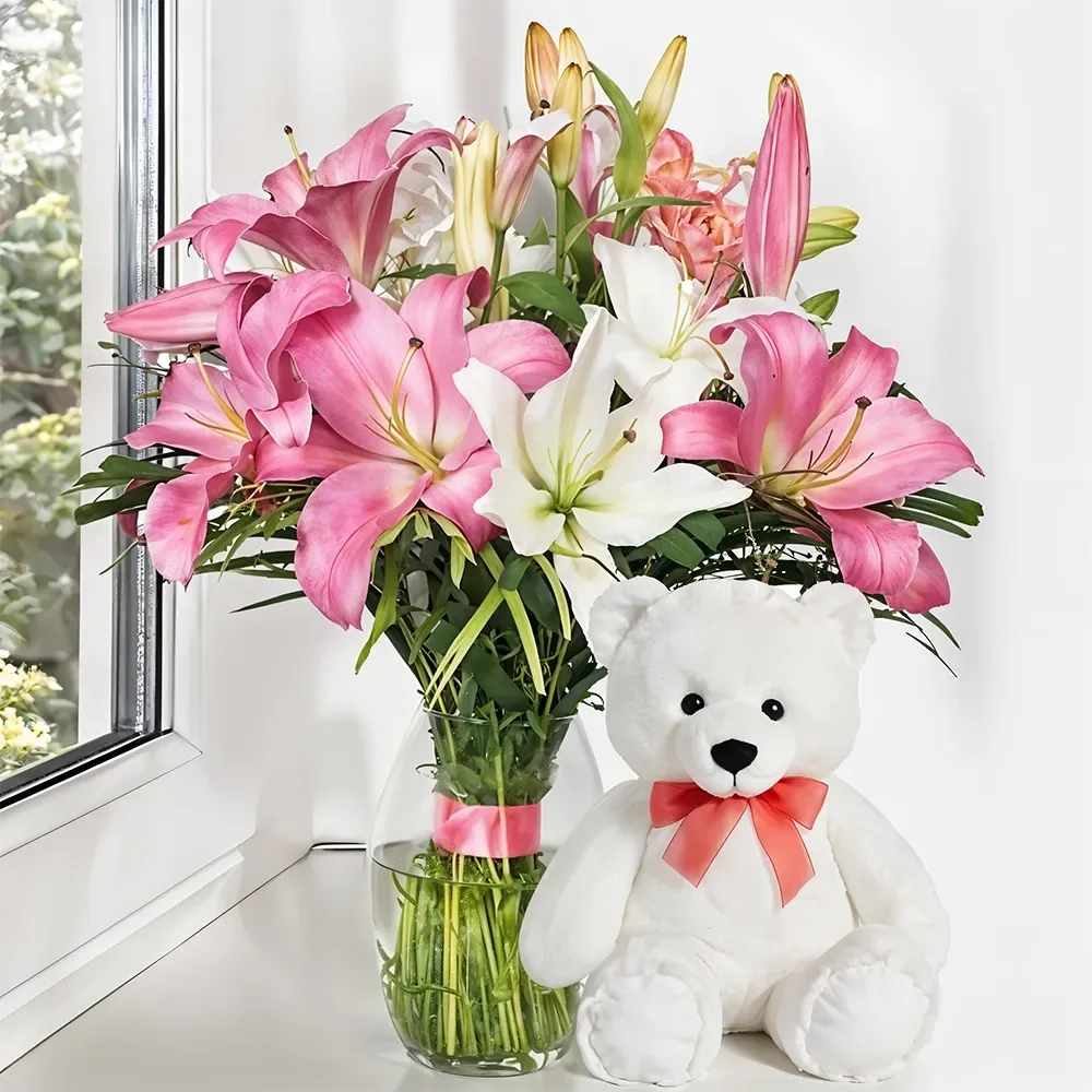 White & Pink Lilies in a Vase & Teddy Set 