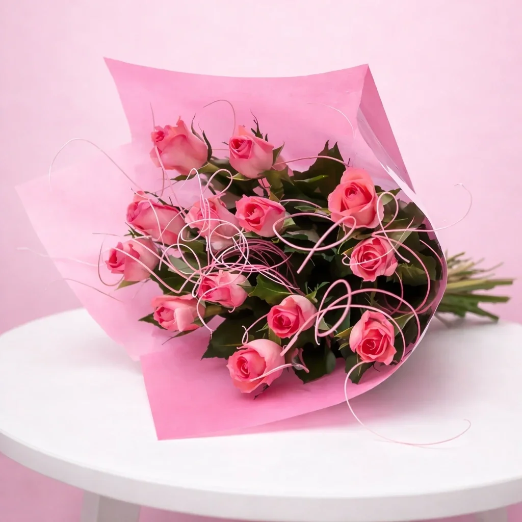12 Pink Roses Bouquet Set