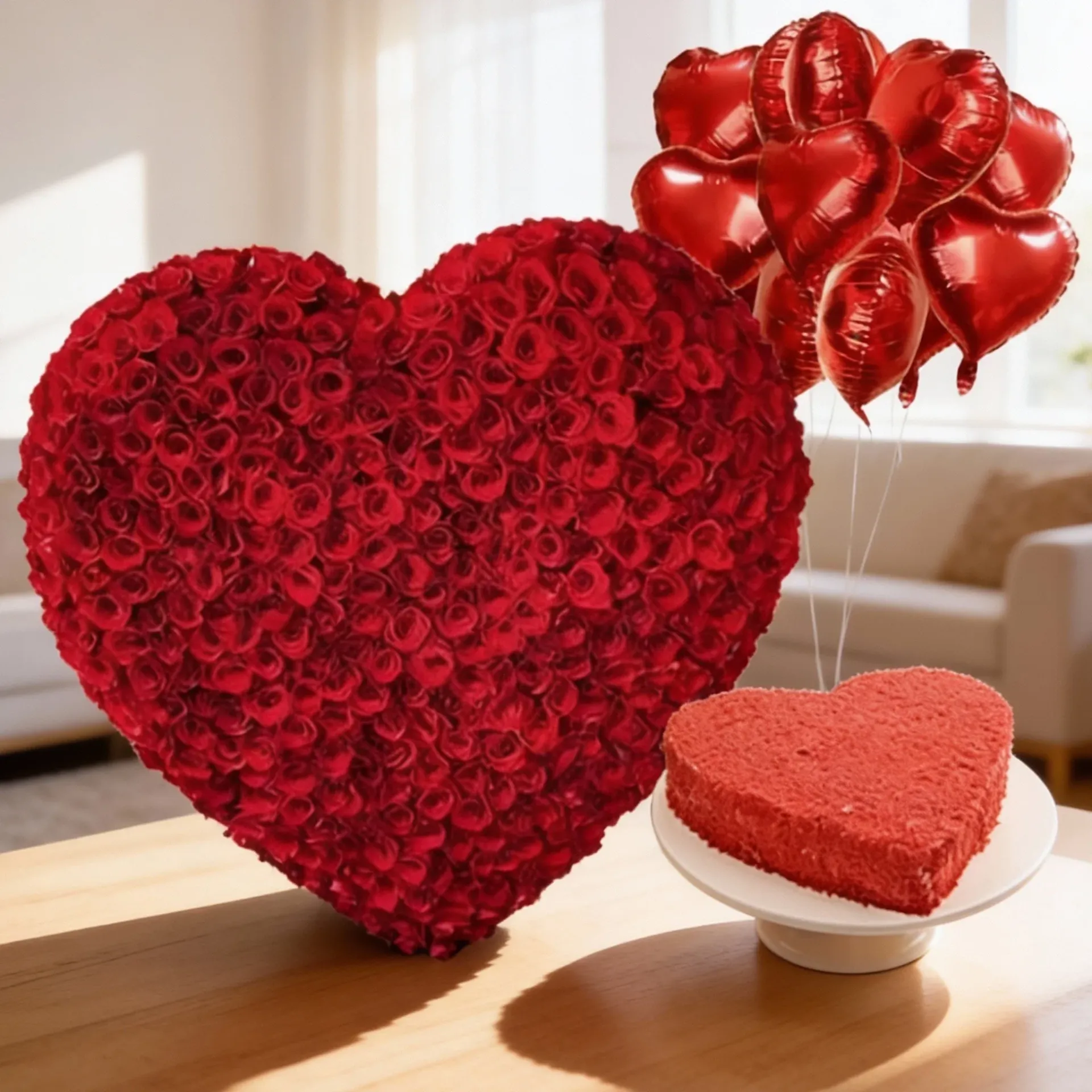 Heart Shape Arrangement of Roses, Cake & Balloons Set 