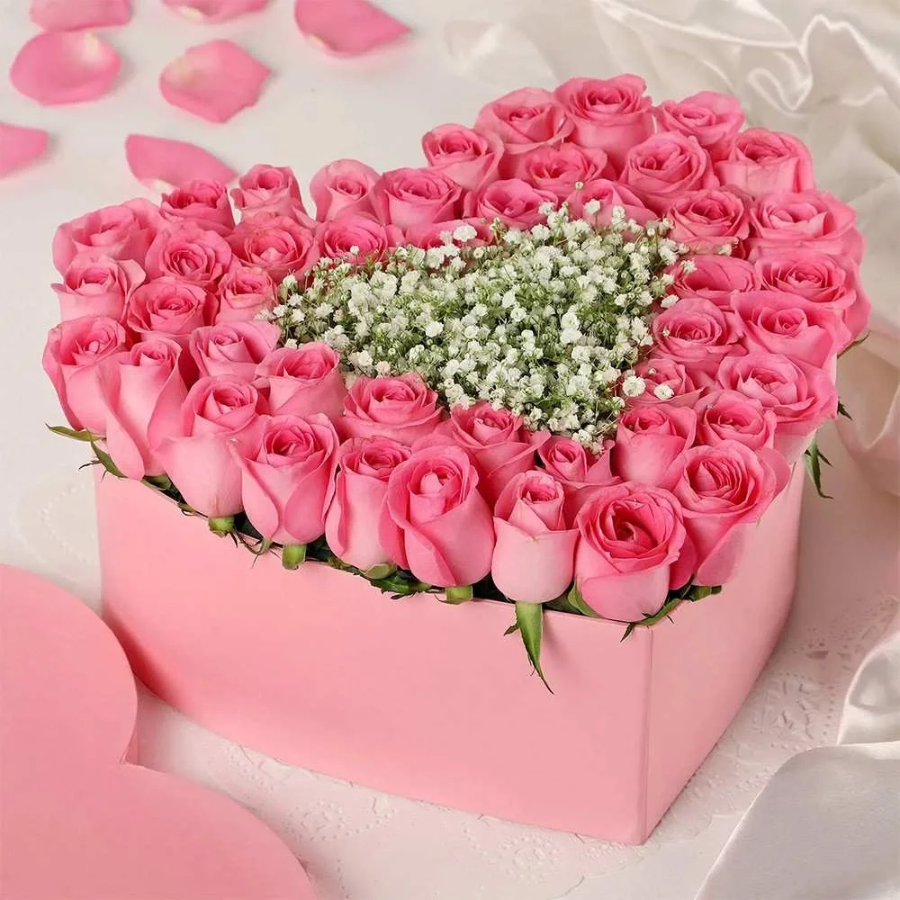 Pink Roses in a Heart Shape Box Love 