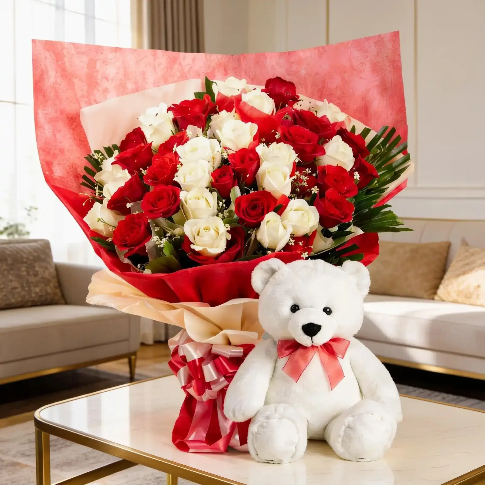 Bouquet of Red & White Roses & Teddy Set 