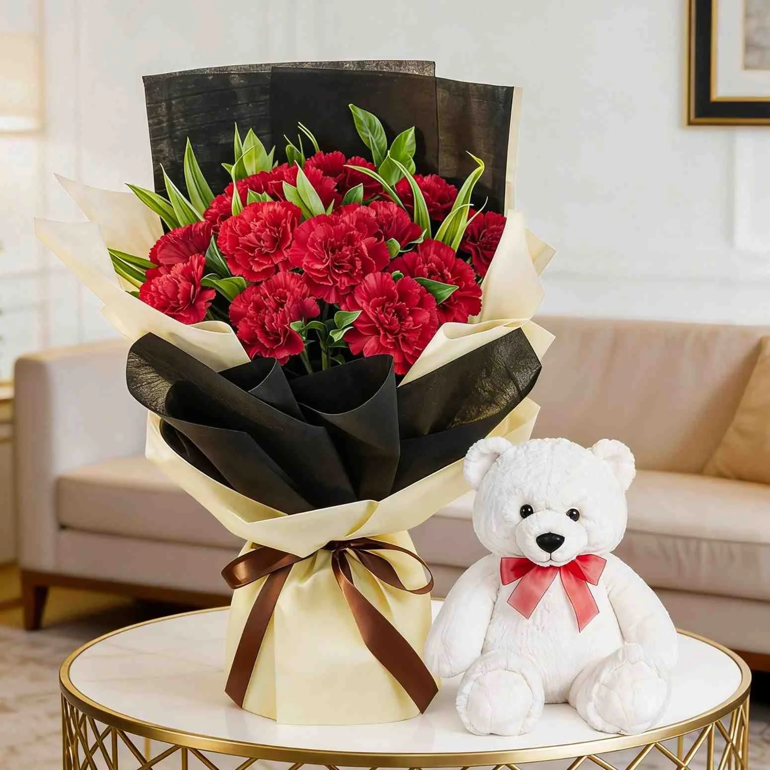 Red Carnations Bouquet & Teddy Set 