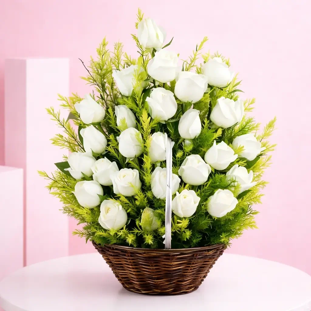 Snowhite Rose Basket Bouquet