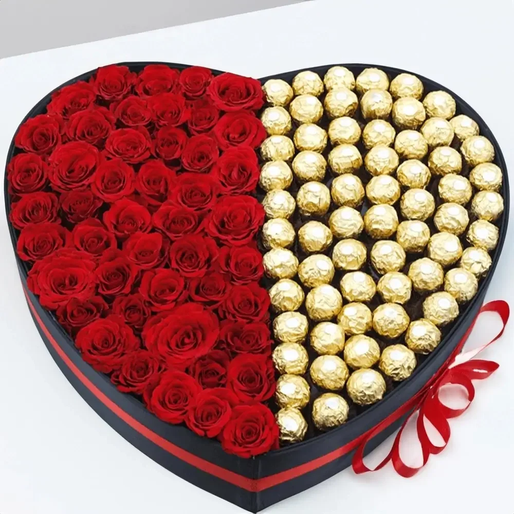 Red Roses & Ferrero Roccher in Heart Shape Box Set
