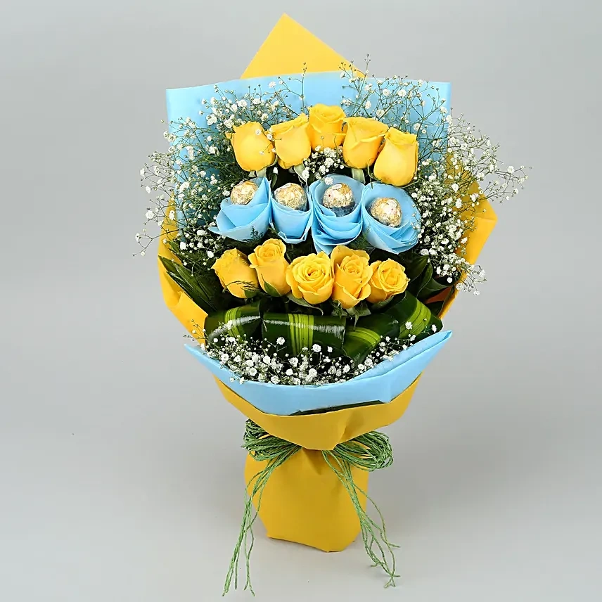 yellowrosesbouquetwithferrerorocher3