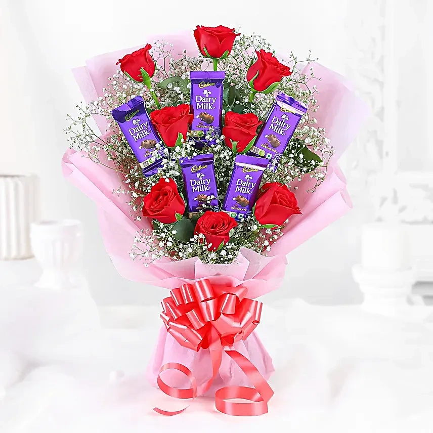 Red Roses Flowers  Bouquet & Dairy Milk Chocolates 