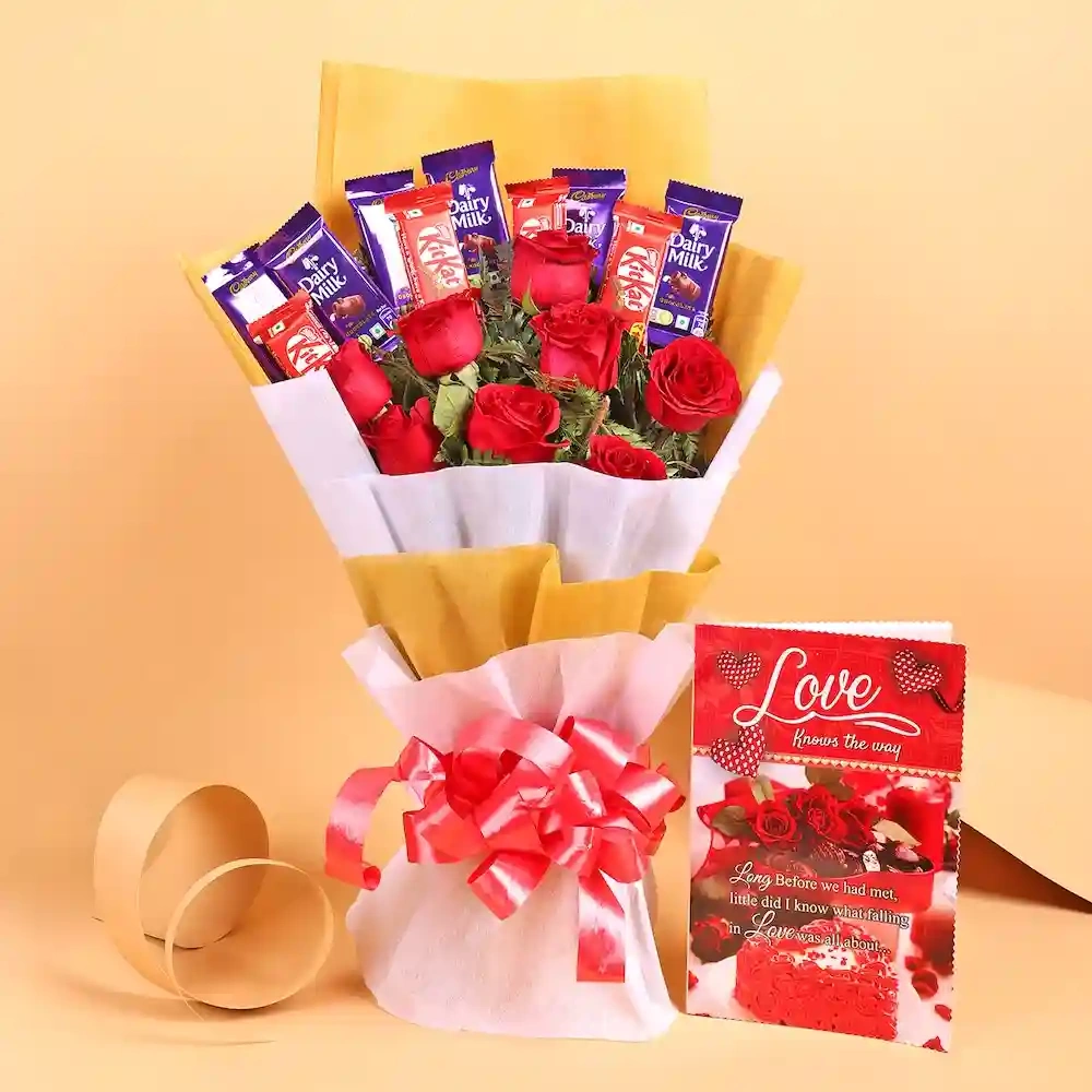 Elegant Red Roses Flowers  with Chocolates & Card 