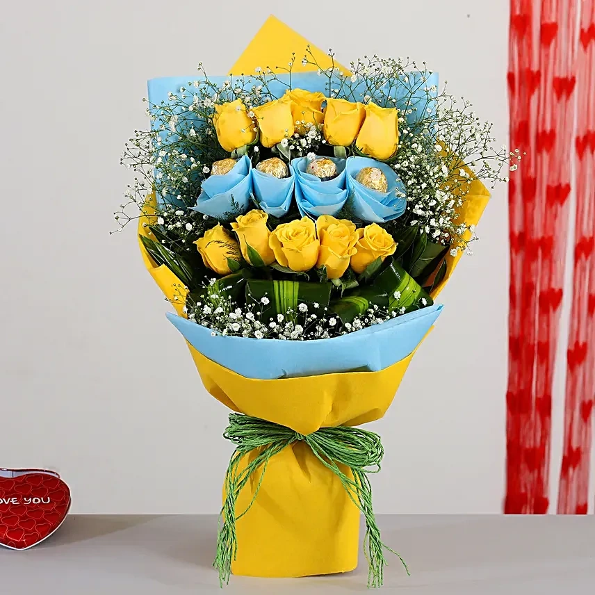 Yellow Roses Bouquet With Ferrero Rocher Sweet love