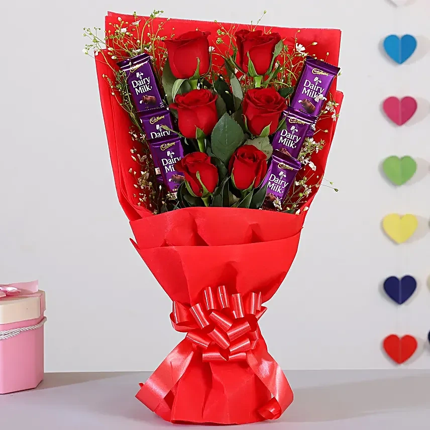 Red Roses Bouquet With Dairy Milk Chocolates Forever Treat