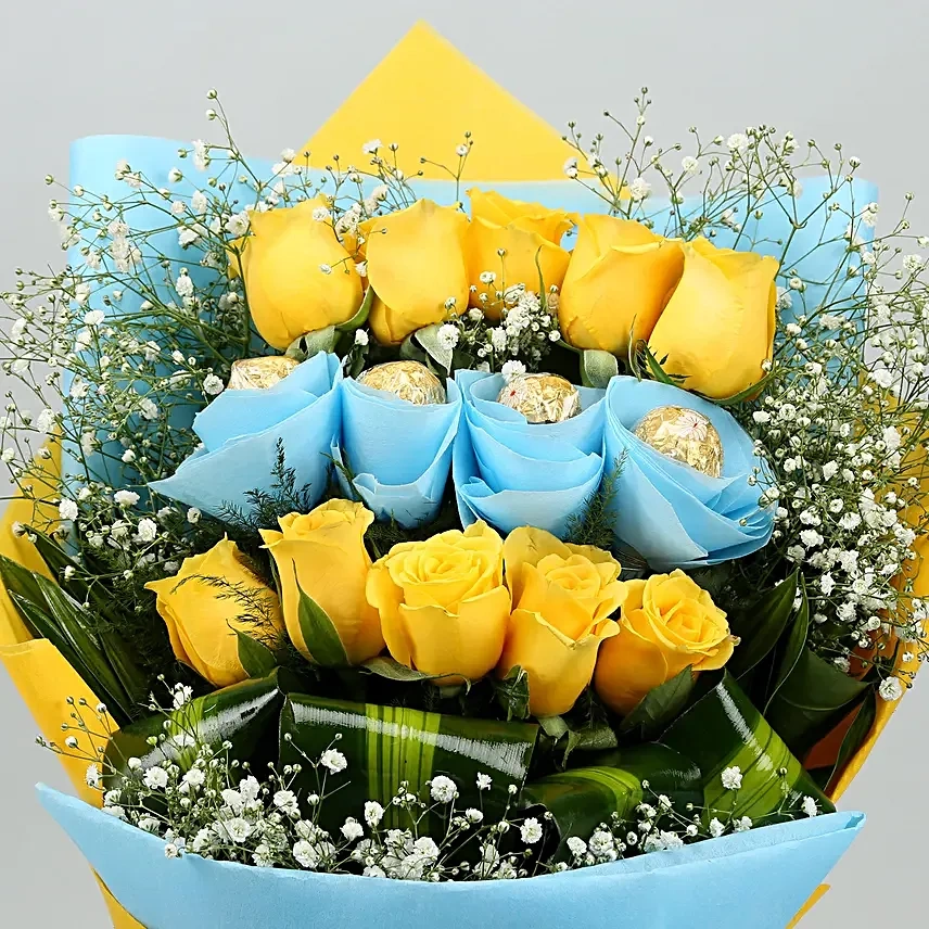 yellowrosesbouquetwithferrerorocher4