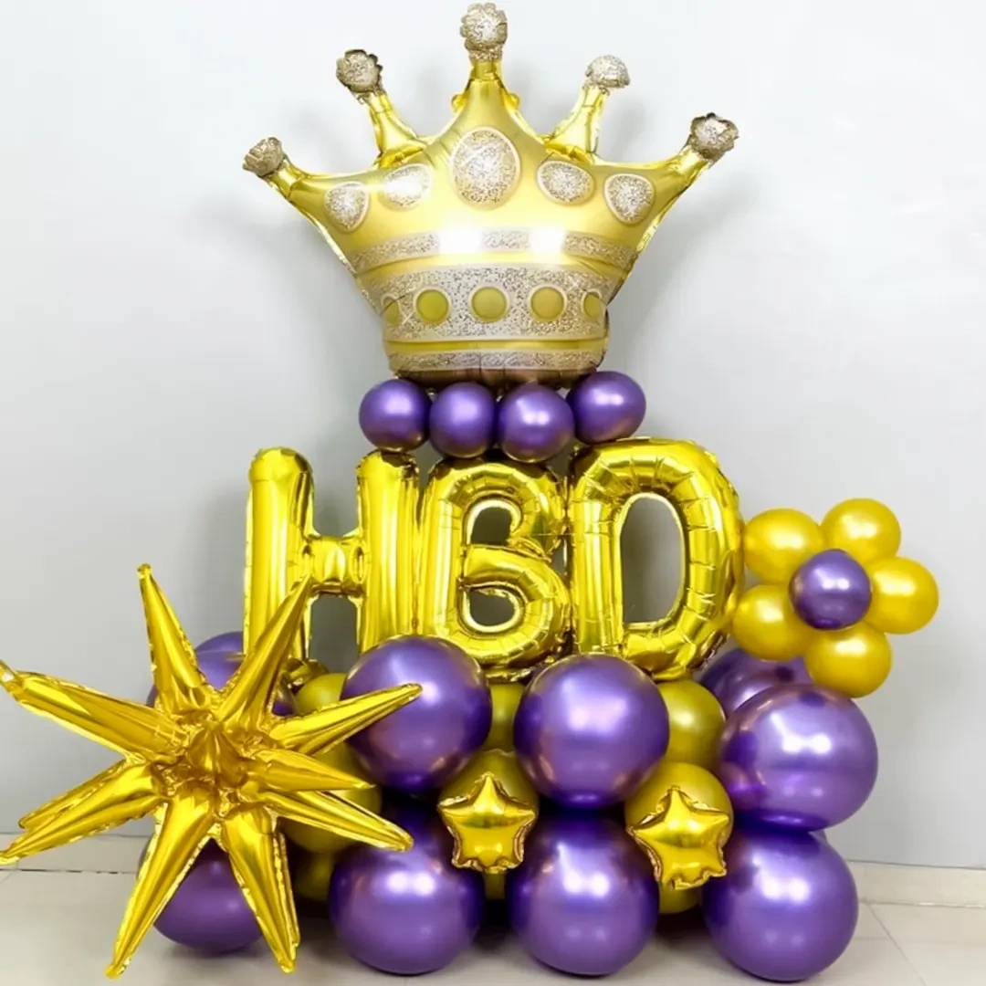 Purple And Golden Birthday Balloon Bouquet Set 