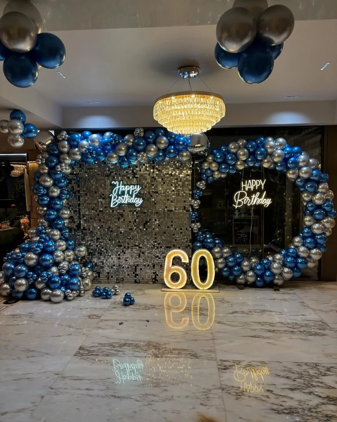 Elegant Sapphire and Silver 60th Birthday Setup Decor 