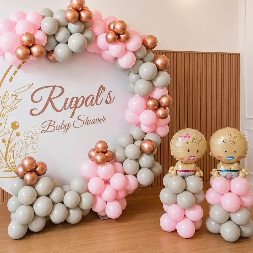 Premium Baby Shower Balloon Decoration with Pink & Grey Round Backdrop Setup 