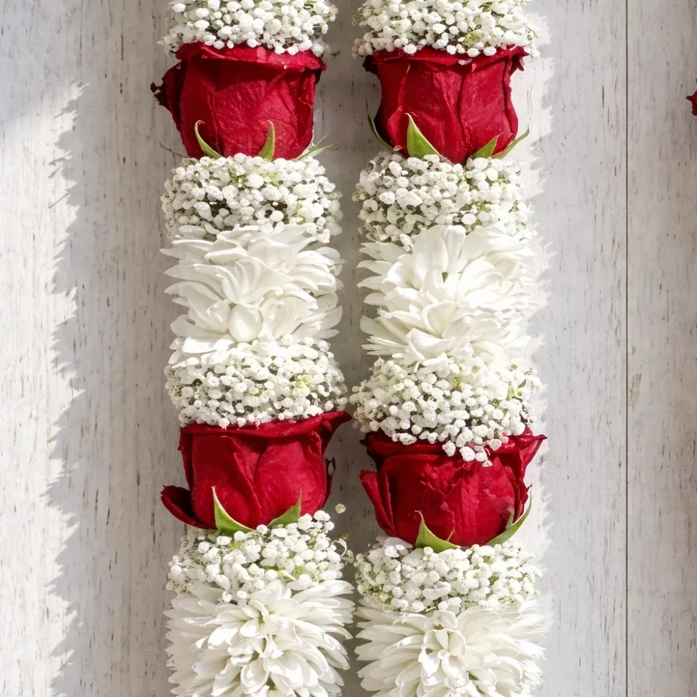 Red rose & White sevanti Flower Garland With Baby’s Breath Varmala