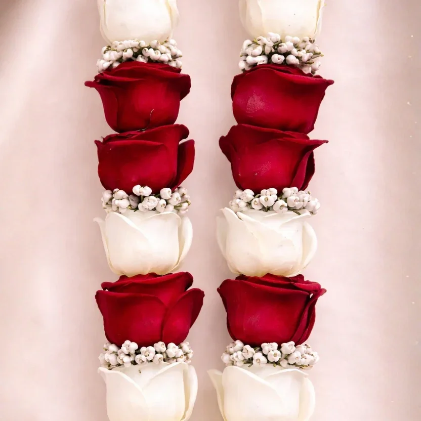 Red Rose Varmala With White Baby Breath Flowers Set
