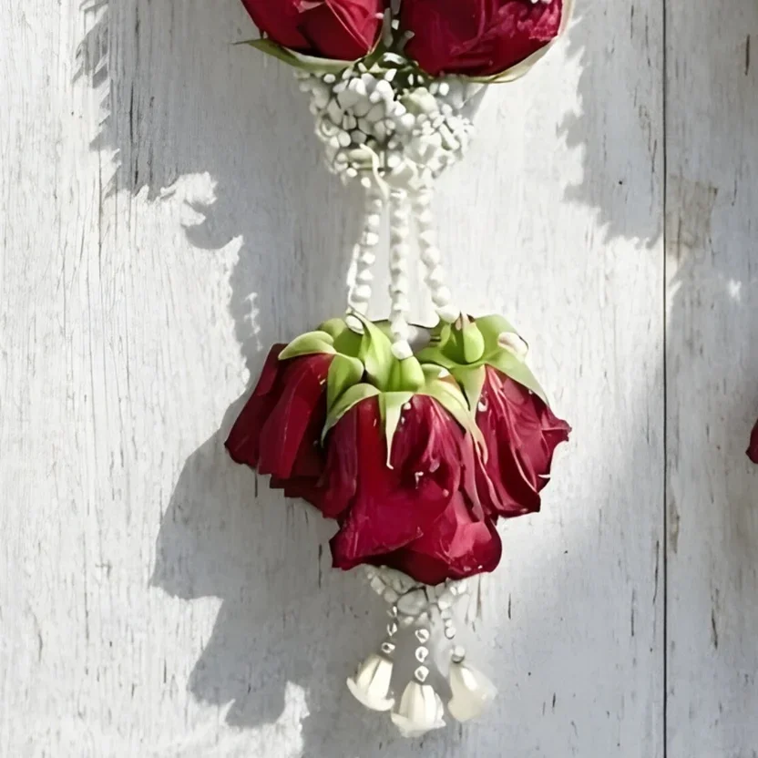 Red rose & White sevanti Flower Garland With Baby’s Breath Varmala