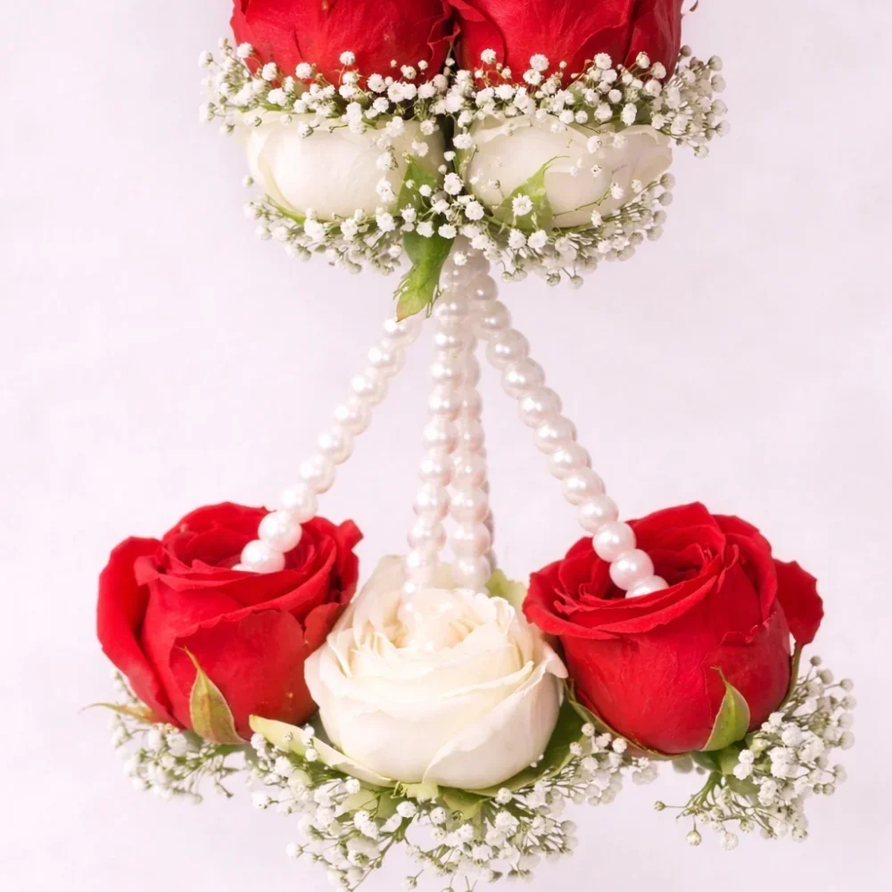 White And Dark Pink Rose Flower Garland With Baby's Breath Varmala