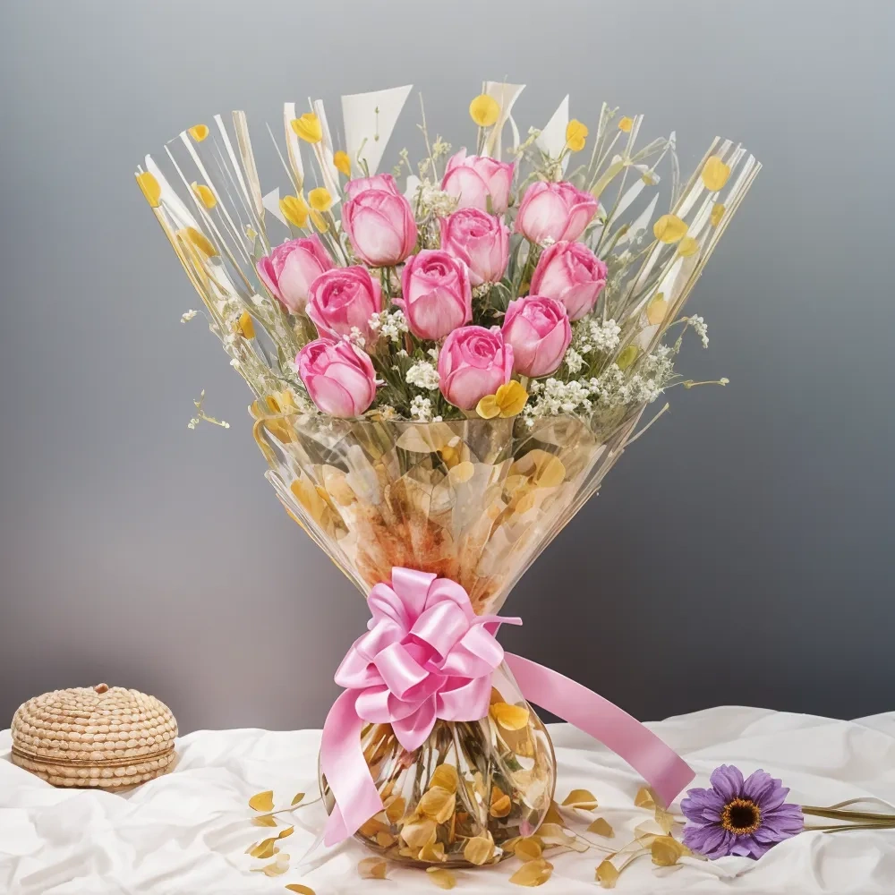 Romantic Pink Roses Flowers Bouquet 