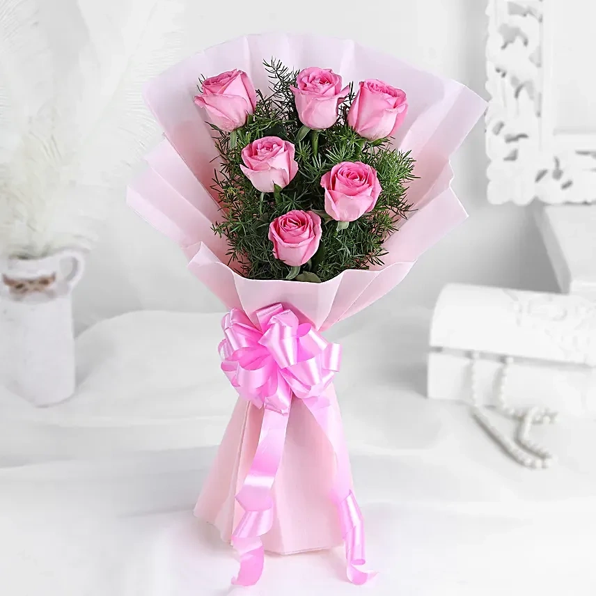 Delicate Love 6 Pink Roses Flower  Bunch 